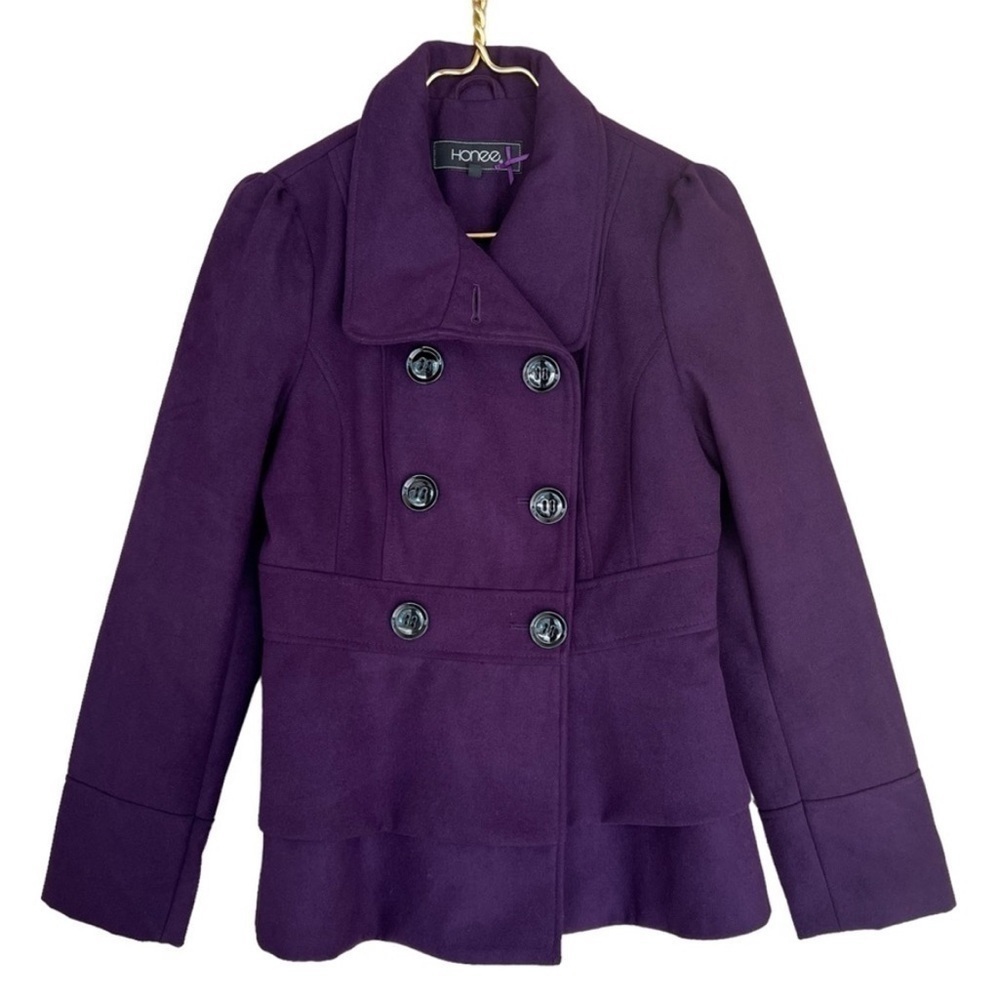 Honee Purple Double Breasted Peacoat Jacket Tailored Peplum Size Small - Picture 9 of 9